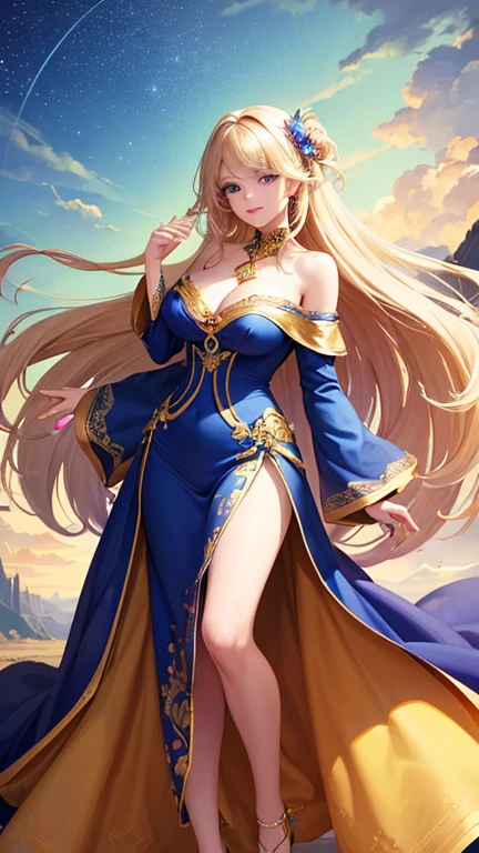 (Highest quality,Super detailed,High resolution,masterpiece,8K),Bright and vibrant colors,Official artwork,Stylish makeup,Long blonde hair fluttering in the wind,Captivating eyes,Glossy Lips,Off the shoulder、Cute girl with ample breasts,Beautiful neck line, Holding,Captivating smile,A solemn atmosphere,Full Body Shot,