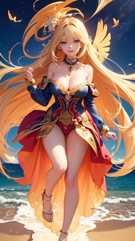 (Highest quality,Super detailed,High resolution,masterpiece,8K),Bright and vibrant colors,Official artwork,Stylish makeup,Long blonde hair fluttering in the wind,Captivating eyes,Glossy Lips,Off the shoulder、Cute girl with ample breasts,Beautiful neck line, Holding,Captivating smile,A solemn atmosphere,Full Body Shot,