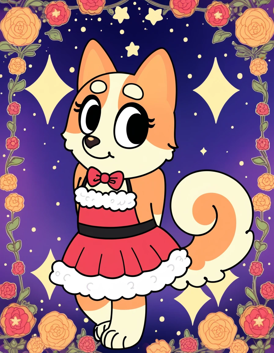 
"Create an image of a female Shiba Inu dog wearing a stylish dress. The dog should have a cute and friendly expression, and the dress should be colorful and elegant, suitable for a fun and playful setting."