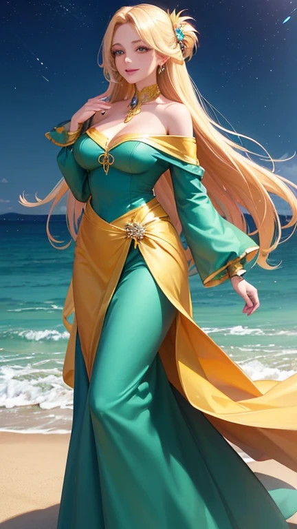 (Highest quality,Super detailed,High resolution,masterpiece,8K),Bright and vibrant colors,Official artwork,Stylish makeup,Long blonde hair fluttering in the wind,Captivating eyes,Glossy Lips,Off the shoulder、Cute girl with ample breasts,Beautiful neck line, Holding,Captivating smile,A solemn atmosphere,Full Body Shot,