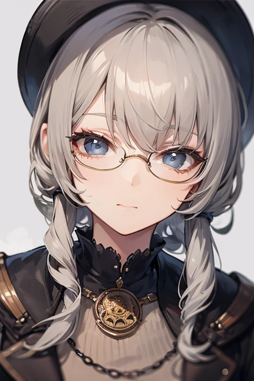 masterpiece, concept art, centered, close up shot, portrait, aschgray haired early 20's Russian girl, steampank fashion, wearing simple eyeglasses