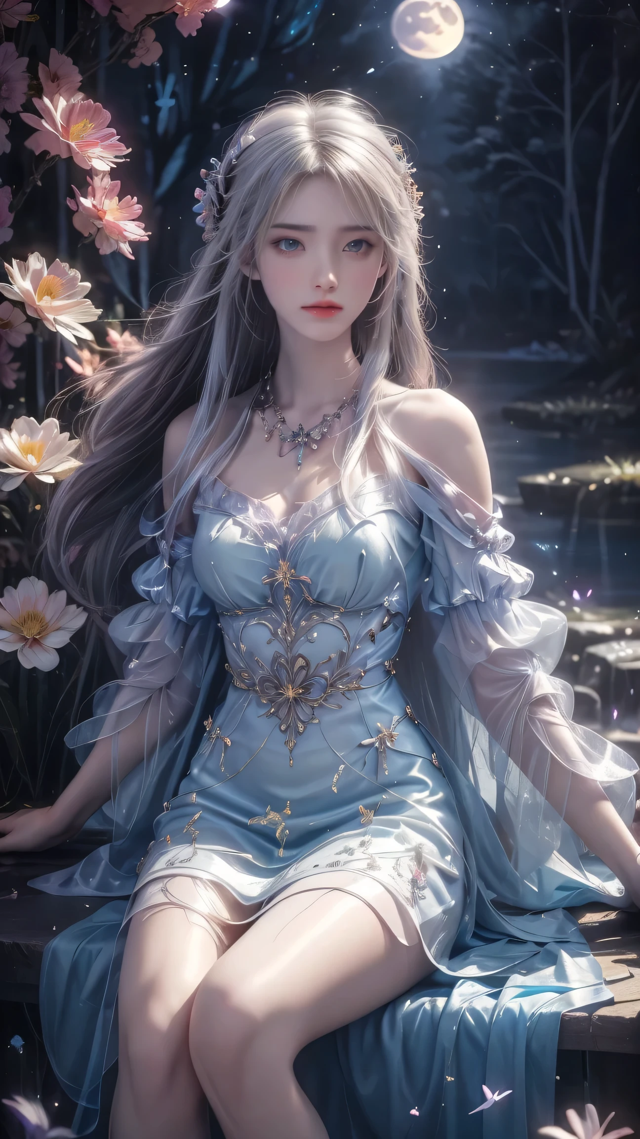 1girl, girl with long white hair, smiling, cheerful, girl is sitting among a wide expanse of flowers, surrounded by beautiful flowers, Calm and peaceful atmosphere, night, moonlight , Beautiful glowing butterflies surround the girl lighting up the darkness of the night, magic,Romantic, the night breeze blows the Sepoi Sepoi girl's hair, 