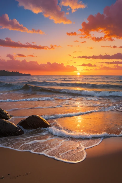 Highest quality、Landscape painting、Seaside、Sunset、orange