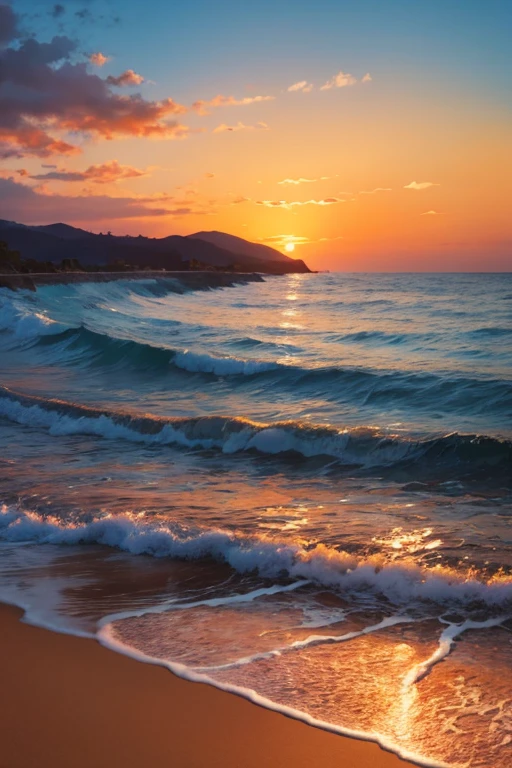 Highest quality、Landscape painting、Seaside、Sunset、orange