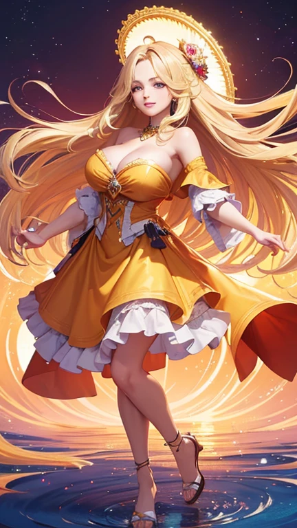(Highest quality,Super detailed,High resolution,masterpiece,8K),Bright and vibrant colors,Official artwork,Stylish makeup,Long blonde hair fluttering in the wind,Captivating eyes,Glossy Lips,Off the shoulder、Cute girl with ample breasts,Beautiful neck line, Holding,Captivating smile,A solemn atmosphere,Full Body Shot,