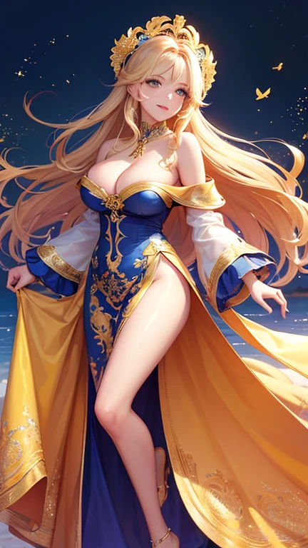 (Highest quality,Super detailed,High resolution,masterpiece,8K),Bright and vibrant colors,Official artwork,Stylish makeup,Long blonde hair fluttering in the wind,Captivating eyes,Glossy Lips,Off the shoulder、Cute girl with ample breasts,Beautiful neck line, Holding,Captivating smile,A solemn atmosphere,Full Body Shot,