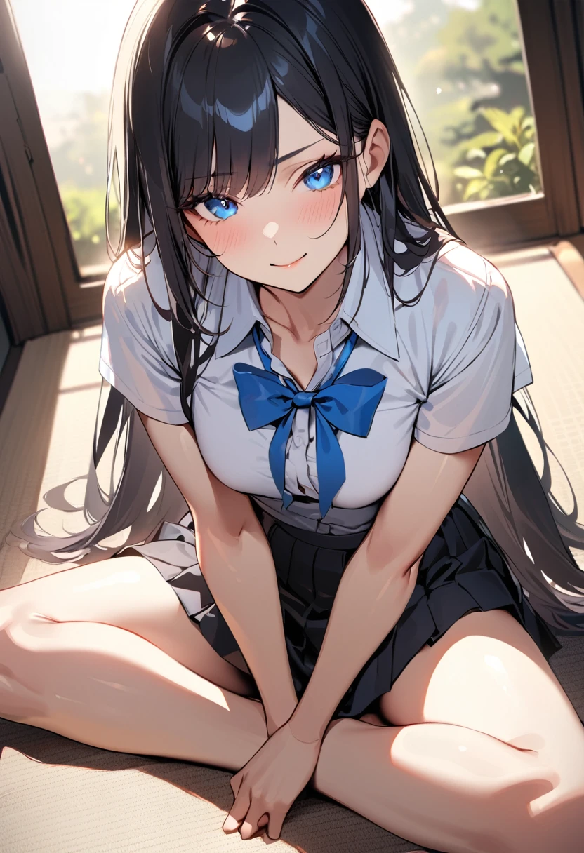1 girl, long hair, black hair, straight hair, short bangs above brows, happy, 
BREAK (masterpiece), (high resolution 8K), cinematic lighting, professional lighting, detailed eyes and face, detailed body, 
BREAK , blazer, white shirt, blue bowtie, pleated skirt,  
BREAK cowboy shot, dutch angle, 
BREAK night, (depth of field:1.3), portrait, night view, light particles, 