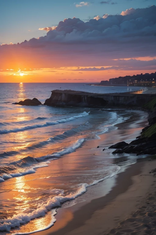 Highest quality、Landscape painting、Seaside、Sunset、orange