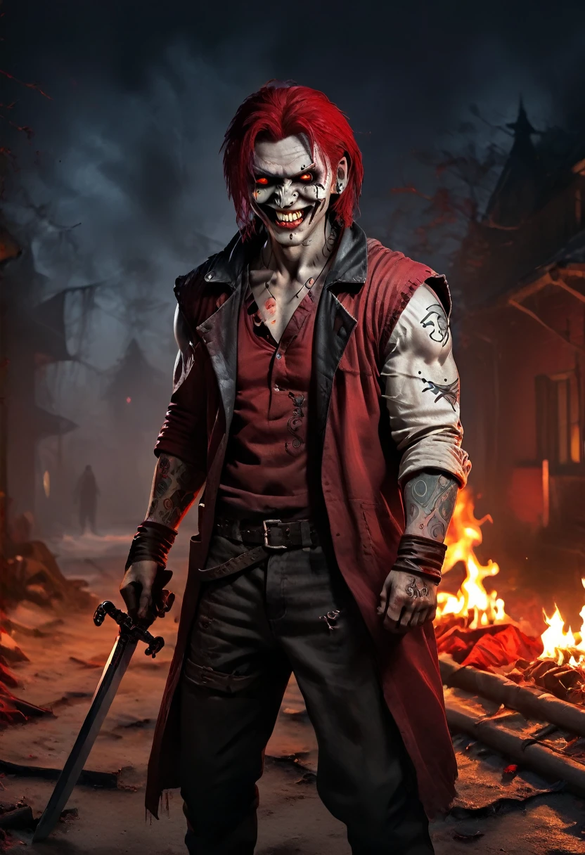 25 year old red man with pale white skin. his eyes are red and black with no trace of white, he has a sadistic smile and a terrifying look, he has blood around his mouth, he is athletic and he is dressed in a red sleeveless coat, and black pants and black boots, His whole body covered with tattoos of criminals, He fights with two swords. Behind Him There Are Fires, he his fight pose Photorealist Style [Sadistic Smile] [Sabre] [Blood Around Mouth] [Tattoo] [Man 25] [Demon]