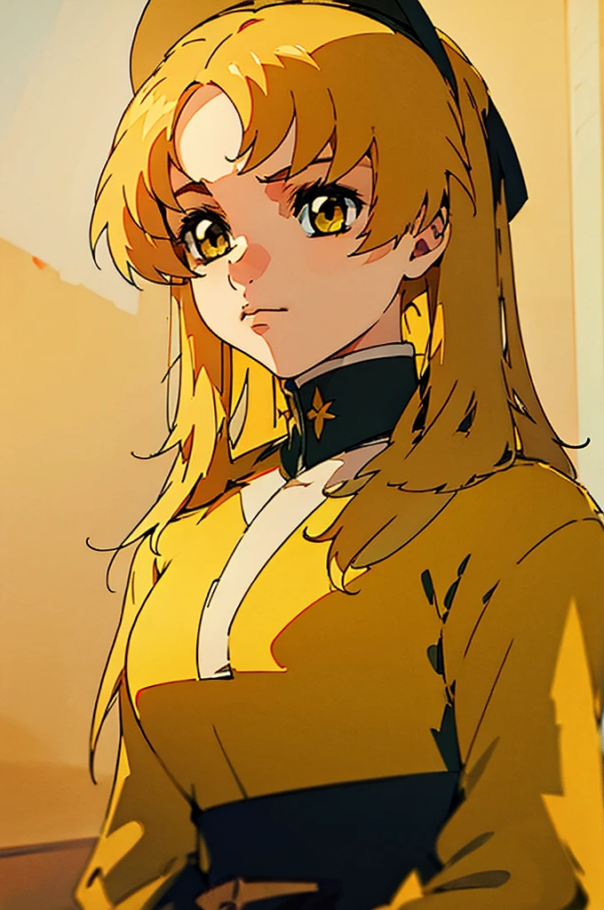 ((Highest quality)), ((masterpiece)), (detailed), Perfect Face, Anime Women, High resolution,  blonde, Victorian Anime Girl, In London, Yellow Eyes, teenager, whole body, white and yellow victorian dress