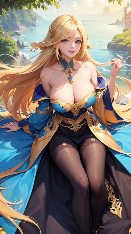 (Highest quality,Super detailed,High resolution,masterpiece,8K),Bright and vibrant colors,Official artwork,Stylish makeup,Long blonde hair fluttering in the wind,Captivating eyes,Glossy Lips,Off the shoulder、Cute girl with ample breasts,Beautiful neck line, Holding,Captivating smile,A solemn atmosphere,Full Body Shot,