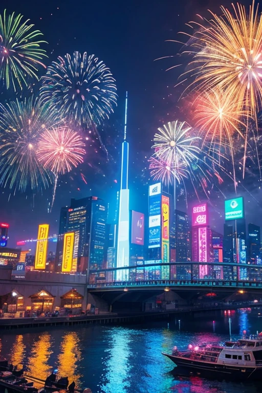 Highest quality、Landscape painting、firework、Neon lights in the city