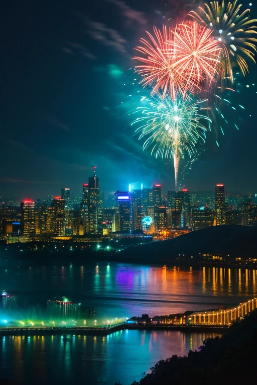 Highest quality、Landscape painting、firework、Neon lights in the city