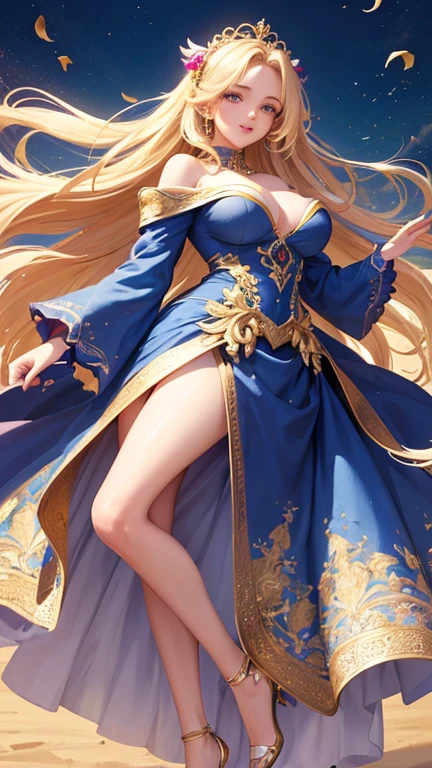 (Highest quality,Super detailed,High resolution,masterpiece,8K),Bright and vibrant colors,Official artwork,Stylish makeup,Long blonde hair fluttering in the wind,Captivating eyes,Glossy Lips,Off the shoulder、Cute girl with ample breasts,Beautiful neck line, Holding,Captivating smile,A solemn atmosphere,Full Body Shot,