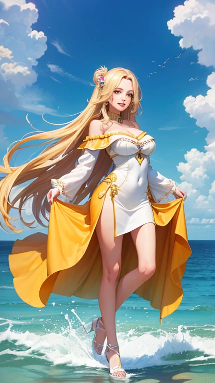 (Highest quality,Super detailed,High resolution,masterpiece,8K),Bright and vibrant colors,Official artwork,Stylish makeup,Long blonde hair fluttering in the wind,Captivating eyes,Glossy Lips,Off the shoulder、Cute girl with ample breasts,Beautiful neck line, Holding,Captivating smile,A solemn atmosphere,Full Body Shot,
