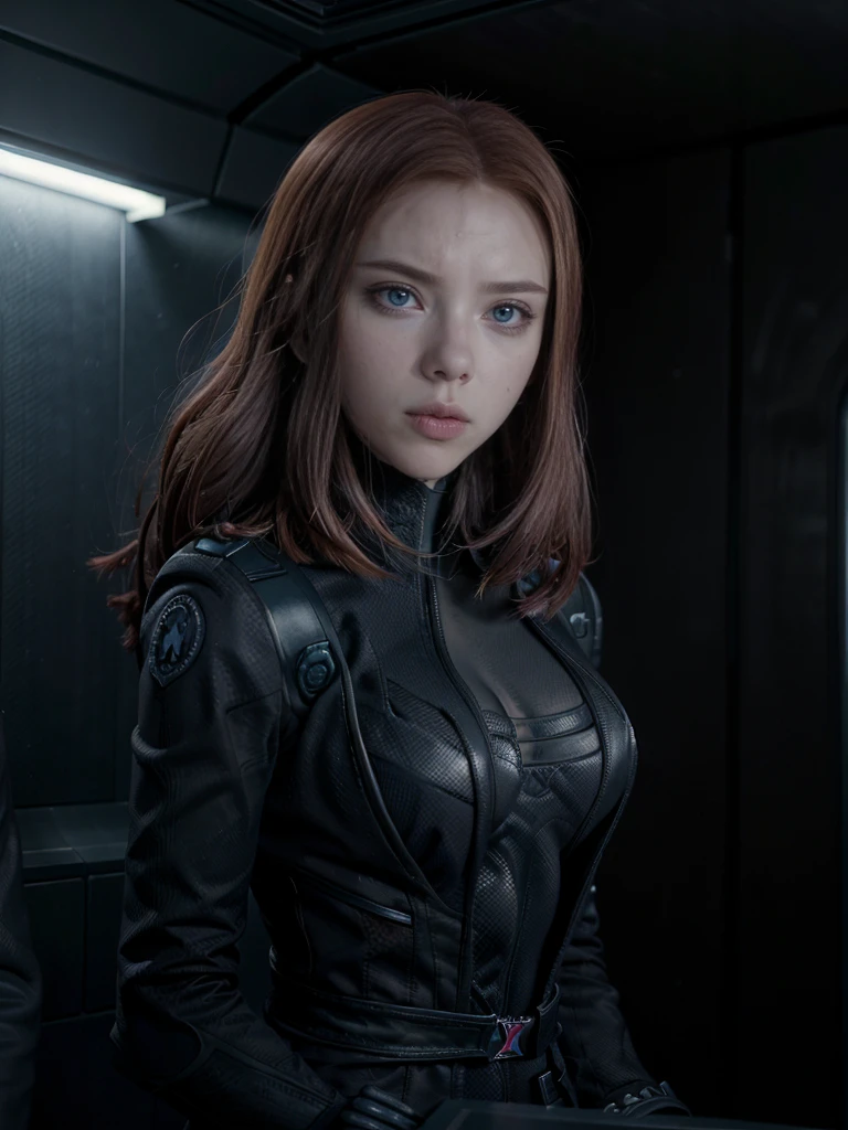 beautiful girl with long curly red hair gray eyes red lips big breasts wearing tactical military suit special forces in blue and black
