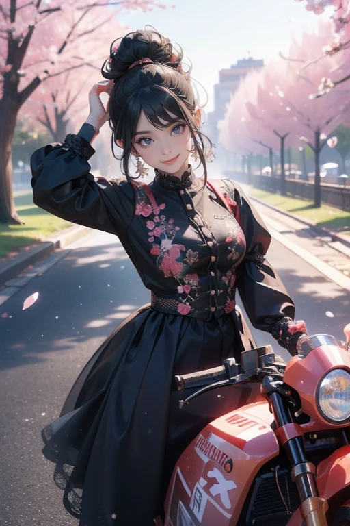 (girl riding a motorcycle:1.2),A park where cherry blossoms dance,gothic lolita dress,(random cute pose),(random hairstyle),(Highest image quality,(8K), Ultra-realistic, Best Quality, High quality, High Definition, high quality texture, high detailing, Beautiful detailed, fine detailed, extremely details CG, Detailed texture, realistic representation of face, masterpiece, presence)