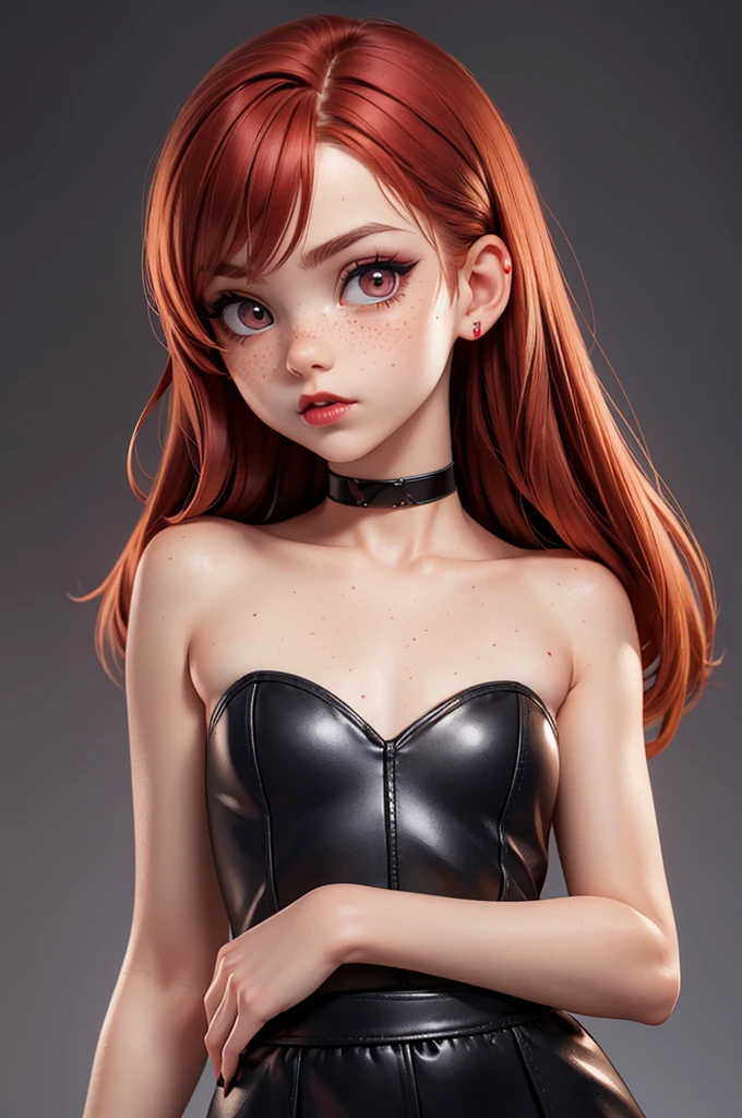 Makima with the face of Margot Robbie (chain saw man), Best Quality, ultra-detailliert, 1girl in, Solo, Standing, Red hair, Long braided hair, Golden Eyes, Bangs, very small pointed chest, White shirt, tie, Look, Smile, (in bad: 1.2), Looking at the viewer, (interview: 1.3), (Dark background, chains: 1.3), From above, sharp contrast, Beautiful detailed eyes, Focus, Close Up Shot,barechested,fullnude,