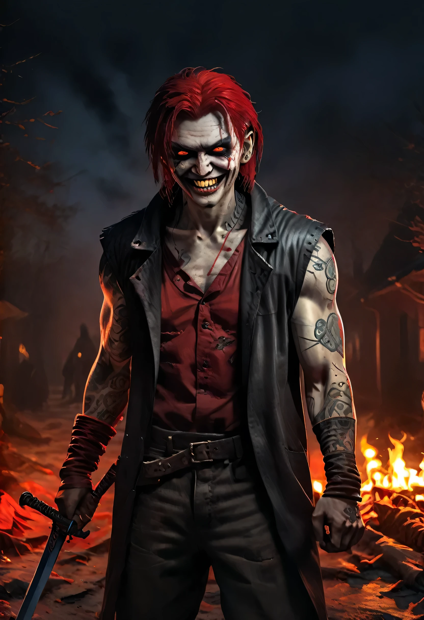 25 year old red man with pale white skin. his eyes are red and black with no trace of white, he has a sadistic smile and a terrifying look, he has blood around his mouth, he is athletic and he is dressed in a red sleeveless coat, and black pants and black boots, His whole body covered with tattoos of criminals, He fights with two swords. Behind Him There Are Fires, he his fight pose Photorealist Style [Sadistic Smile] [Sabre] [Blood Around Mouth] [Tattoo] [Man 25] [Demon]