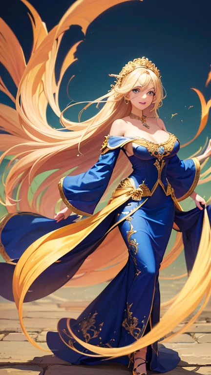 (Highest quality,Super detailed,High resolution,masterpiece,8K),Bright and vibrant colors,Official artwork,Stylish makeup,Long blonde hair fluttering in the wind,Captivating eyes,Glossy Lips,Off the shoulder、Cute girl with ample breasts,Beautiful neck line, Holding,Captivating smile,A solemn atmosphere,Full Body Shot,