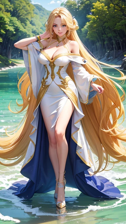 (Highest quality,Super detailed,High resolution,masterpiece,8K),Bright and vibrant colors,Official artwork,Stylish makeup,Long blonde hair fluttering in the wind,Captivating eyes,Glossy Lips,Off the shoulder、Cute girl with ample breasts,Beautiful neck line, Holding,Captivating smile,A solemn atmosphere,Full Body Shot,