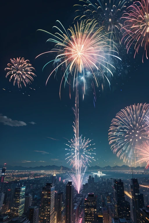 Highest quality、Landscape painting、firework、Neon lights in the city