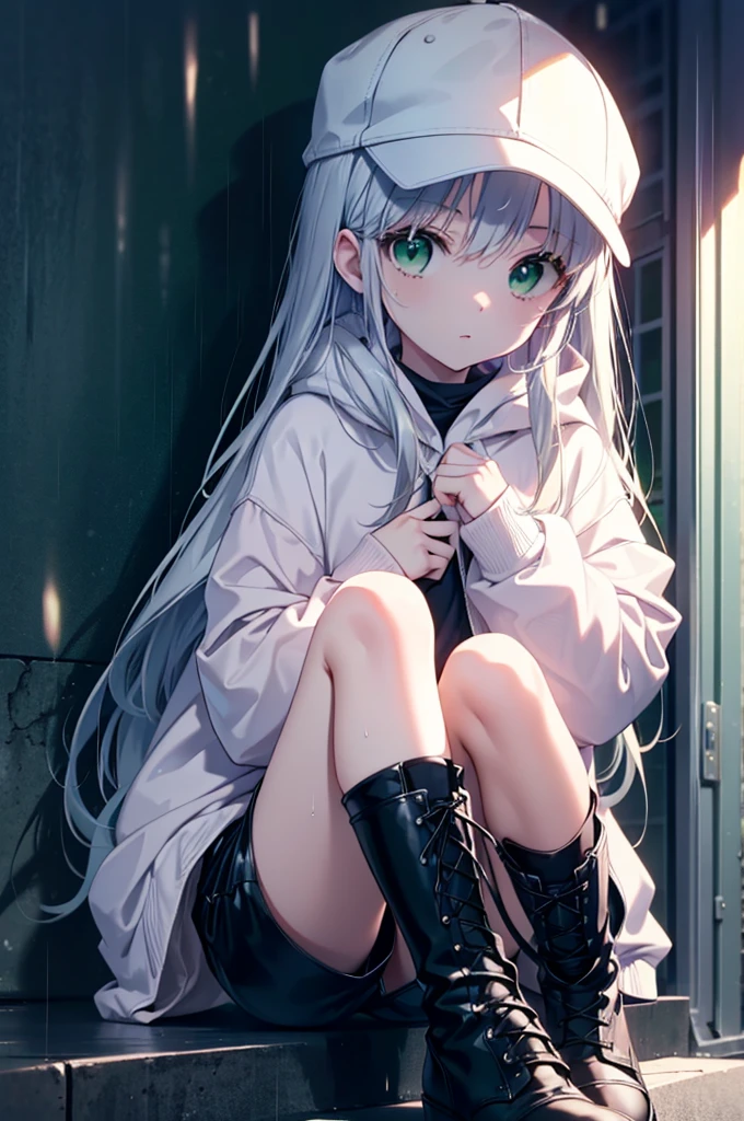 index, index, (Green Eyes:1.5), Silver Hair, Long Hair, (Flat Chest:1.2),Baseball hats,Oversized white hoodie,Shorts,black tights,short boots,Sitting on the steps of a building leaning against a wall,Hiding in a roofed building,rain,cloudy,whole bodyがイラストに入るように,
break looking at viewer, whole body,
break outdoors, In town,
break (masterpiece:1.2), Highest quality, High resolution, unity 8k wallpaper, (figure:0.8), (Beautiful attention to detail:1.6), Highly detailed face, Perfect lighting, Highly detailed CG, (Perfect hands, Perfect Anatomy),