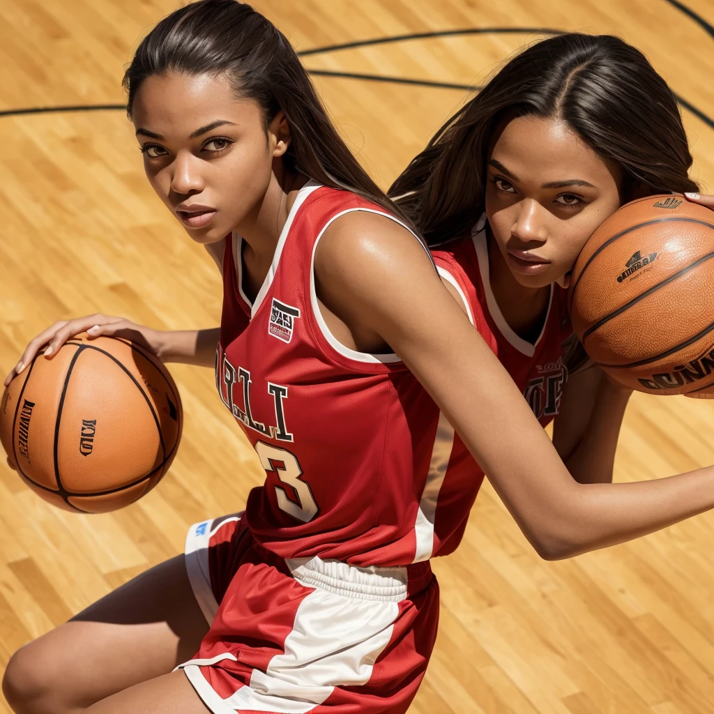 (Masterpiece:1.4),(Best Quality:1.4), ((full body)) photo of a young woman in a basketball jersey, ((dark skin)), big breasts, hair between her eyes, long hair with highlights red, oval face, double eyelids, parted lips, very light brown eyes, solo, sexy (bright skin: 0.8 ), Natural, bright red lips, shapely and detailed thighs, low angle, (from lower angle), highly detailed skin , skin pore skin, (sfw) making a play with the ball on the basketball court.