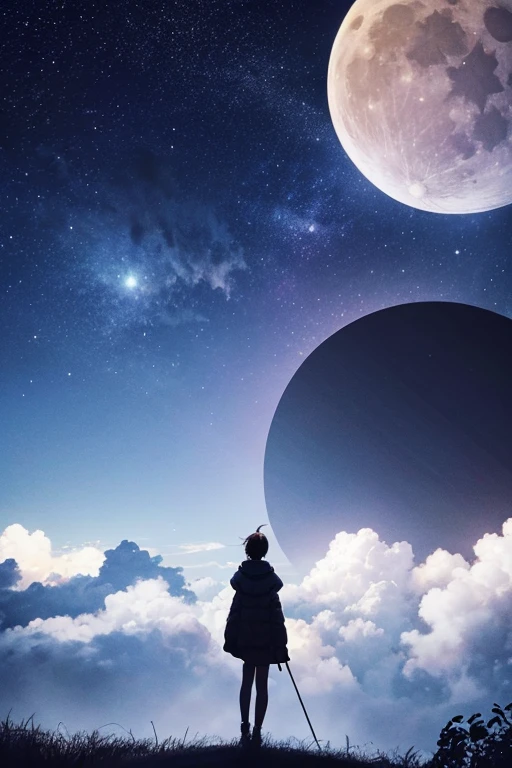 Highest quality,Big moon and shadow,A silhouette of a person can be seen against the backdrop of a large moon.,There is one full moon,There is a mood,Beautiful scenery,Starry Sky