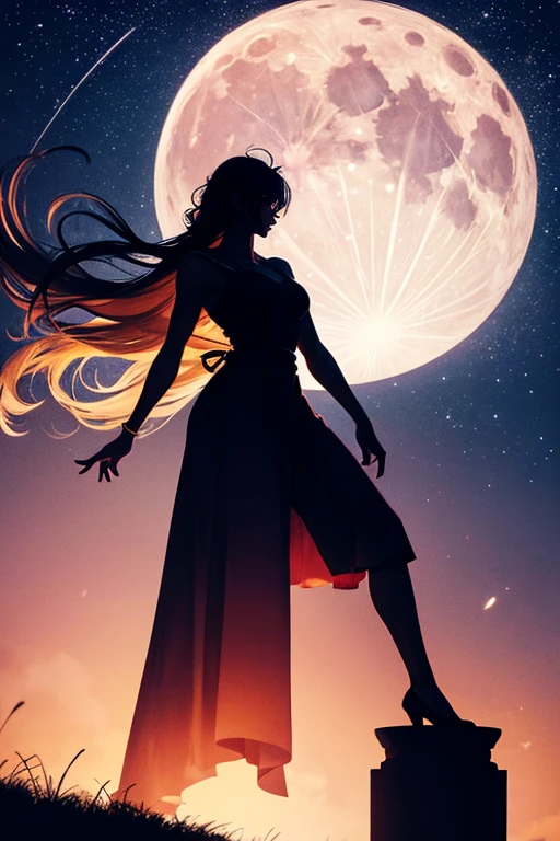 Highest quality,Big moon and shadow,A silhouette of a person can be seen against the backdrop of a large moon.,There is one full moon,There is a mood,Beautiful scenery,Starry Sky