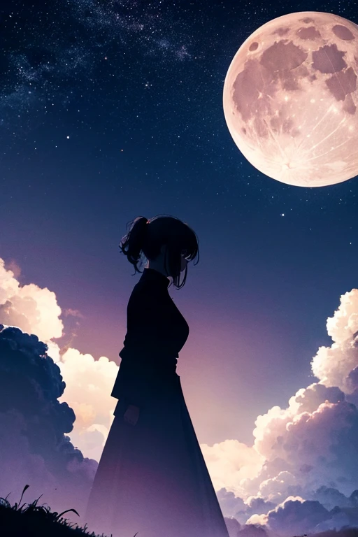 Highest quality,Big moon and shadow,A silhouette of a person can be seen against the backdrop of a large moon.,There is one full moon,There is a mood,Beautiful scenery,Starry Sky