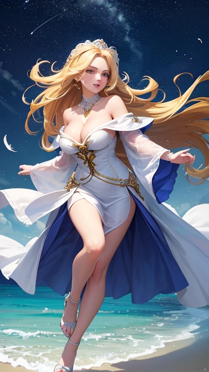 (Highest quality,Super detailed,High resolution,masterpiece,8K),Bright and vibrant colors,Official artwork,Stylish makeup,Long blonde hair fluttering in the wind,Captivating eyes,Glossy Lips,Off the shoulder、Cute girl with ample breasts,Beautiful neck line, Holding,Captivating smile,A solemn atmosphere,Full Body Shot,