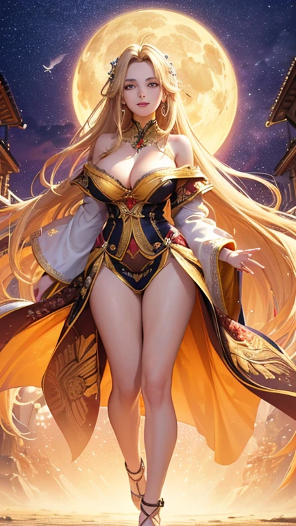 (Highest quality,Super detailed,High resolution,masterpiece,8K),Bright and vibrant colors,Official artwork,Stylish makeup,Long blonde hair fluttering in the wind,Captivating eyes,Glossy Lips,Off the shoulder、Cute girl with ample breasts,Beautiful neck line, Holding,Captivating smile,A solemn atmosphere,Full Body Shot,