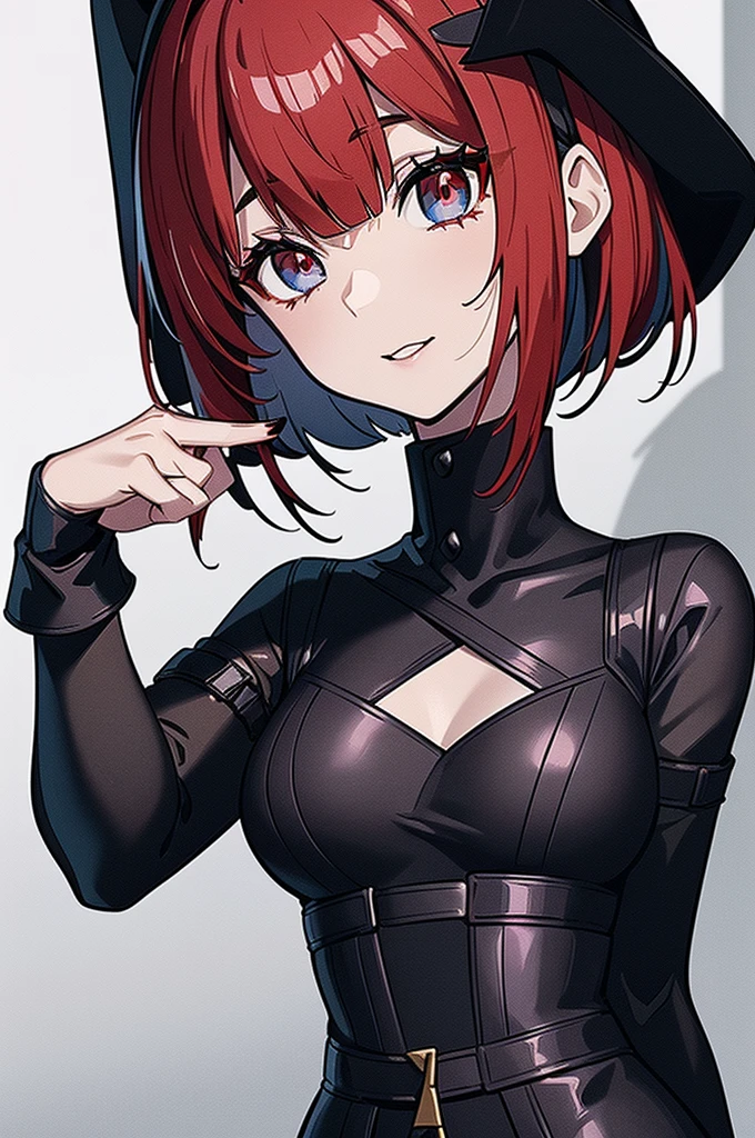 a beautiful girl with red hair wearing a black dress, detailed facial features, bob haircut, full body illustration, woman wearing a long black and red coat, solo character, white background, anime style, highly detailed, photorealistic, 8k, best quality, masterpiece, blue eyes, short hair