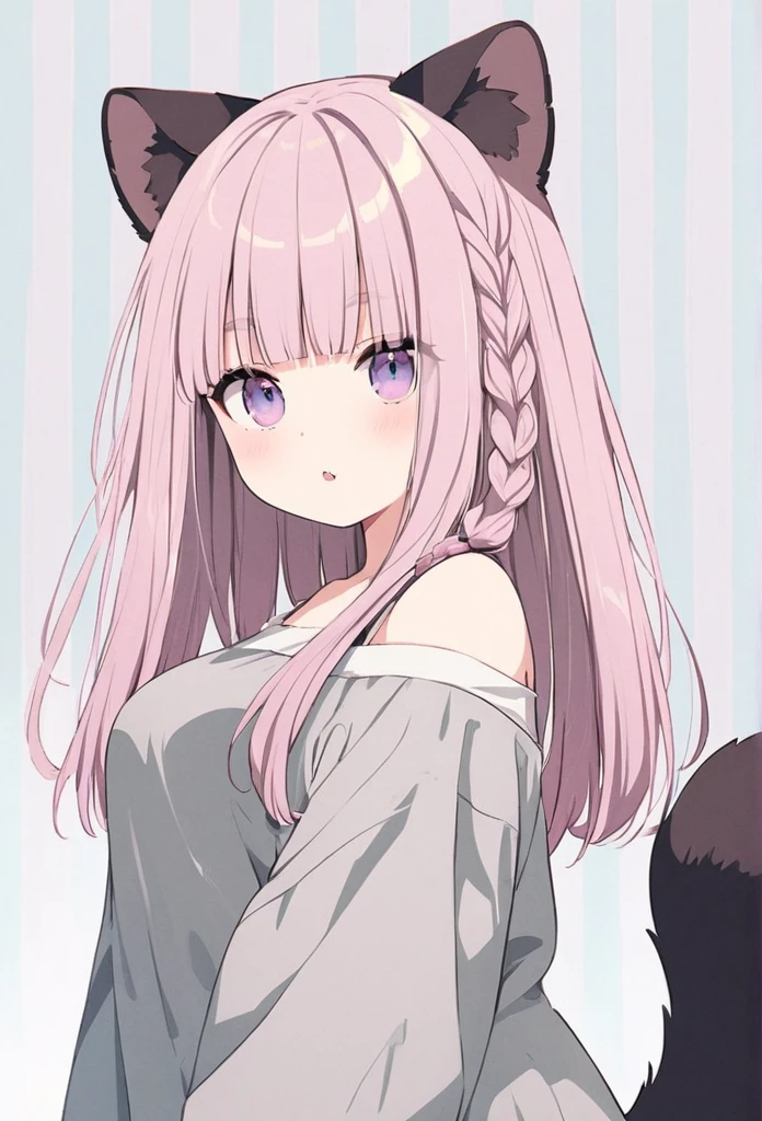 anime,(pale colors:1.8),long shot, 1girl, (on right:1.3), full body, solo, cat mouth, dynamic angle, jumping low, fang, pink hair, long hair, straight hair, racoon ears, racoon tail, (brown streaked hair:1.3), side braid, (blunt bangs) ,thick eyebrows, big breast, off shoulder clothes, cutout, striped background, shadow,