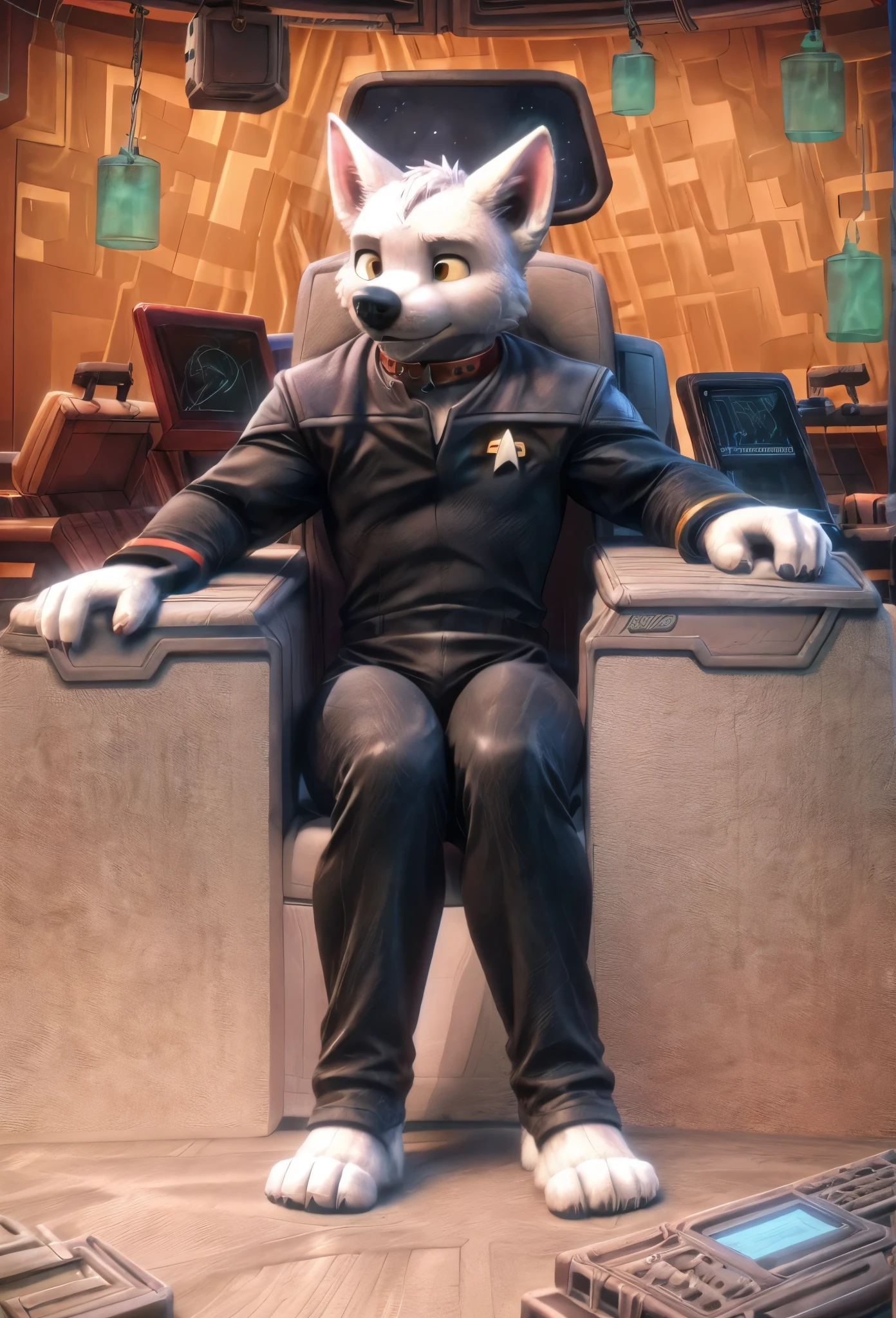 (((Barefoot furry character, full body, cinematic setting, furry male, plantigrade))) 

(((Bolt))) (anthro dog with white fur, very cute and young looking face, big black snout), exudes confidence and authority as he sits in the captain's chair, and his Star Trek DS9 uniform with the Starfleet Delta badge on his chest is a perfect match for his muscular figure. Handsome clawed feet paws dominate the bridge of the star ship and its crew. (((black and grey ds9st uniform with red collar))). ((Bridge of Star Trek starship with many screens and consoles as background)), futuristic look, metalic. anatomically correct, Long black pants, black shirt with gray shoulders, red collar.

BREAK, intricate details, highly detailed, extreme detail, octane render, fine art, best quality, highres, (detailed face:1.5), ((full_body)), UHD, (((perfect hands))), low light
