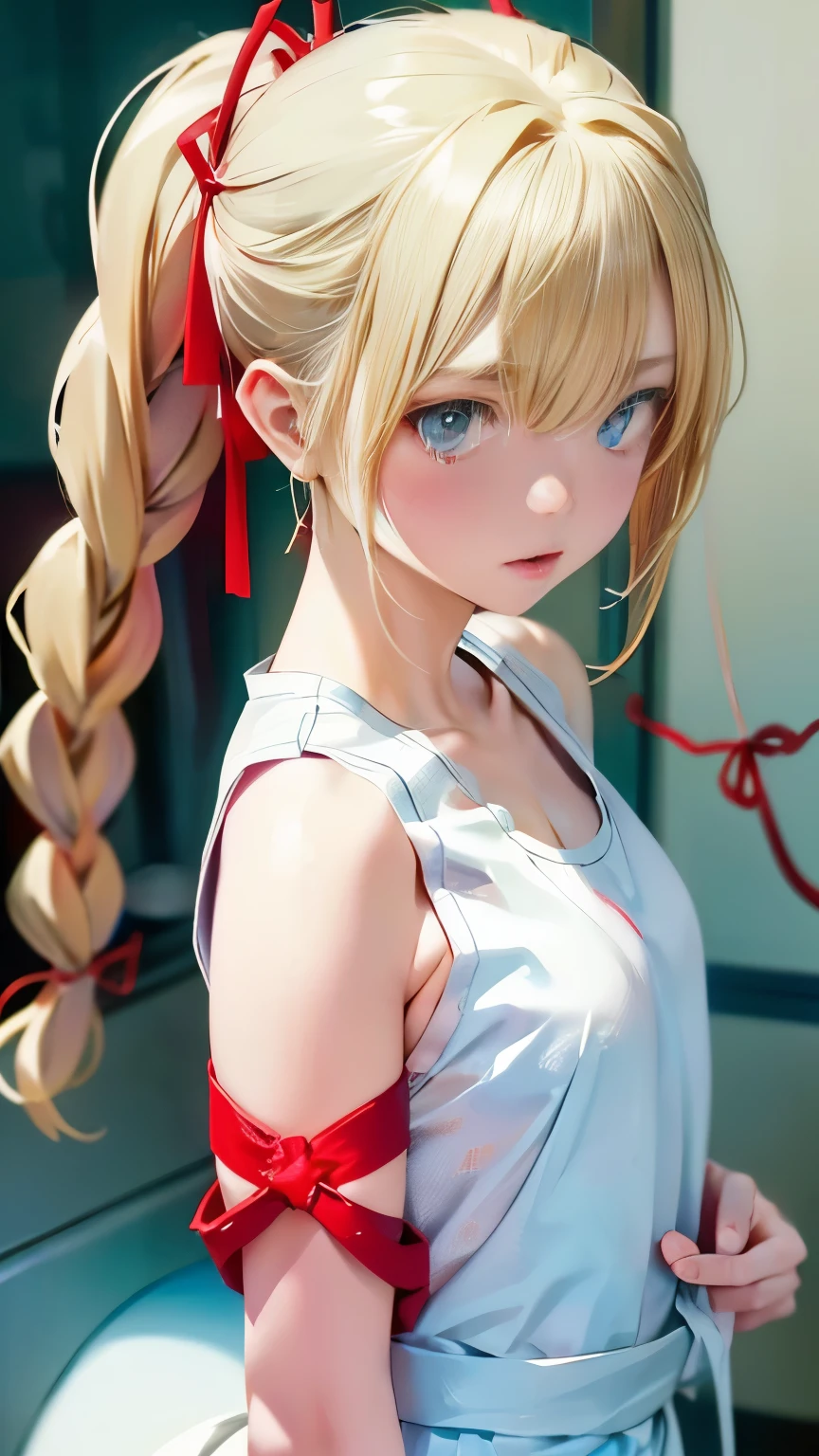 (((White tank top、Red string:1.1)))、魅力的なおButt、おButtにフォーカス、Young European Woman、Grey blonde girl、Loosely tied braids、Very realistic face、Ultimate beautyしさ、Slender body、White skin、Unparalleled beauty、Ultimate beauty、魅力的なおButt、Butt、(((White tank topとRed string)))、Outdoor、Highest quality、Best image quality、masterpiece:1.3、Portraiture、８hair、Perfect lighting、Professional Photographer、