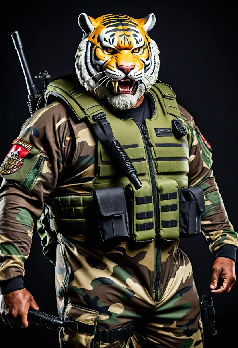 (a dark-skinned fat muscular bearded old man in a bulky army camouflage zipper diver suit) thumbs up, (wearing realistic roaring siberian tiger mask) and carrying a rifle on his back, muscular, Basuki Abdullah, sumatraism, action, a character portrait, heroic, fierce, snarling