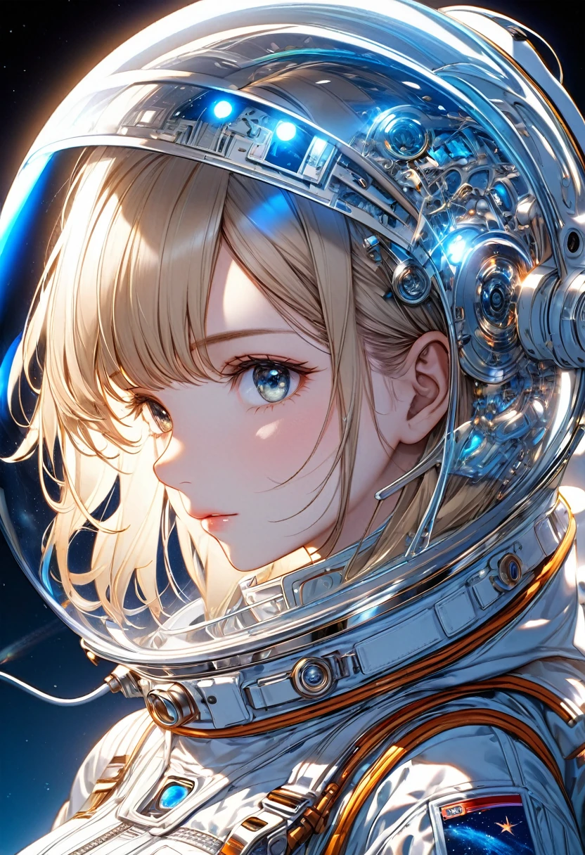  Perfect anatomy of a man wearing an astronaut suit、Close-up of pretty girl wearing transparent helmet astronaut beige hair delicate and beautiful intricate sci-fi digital art illustration edge blue light light and shadow effect movie scene masterpiece, The best quality meticulously carved extremely delicate art work ultra-precision art,Stunning digital art