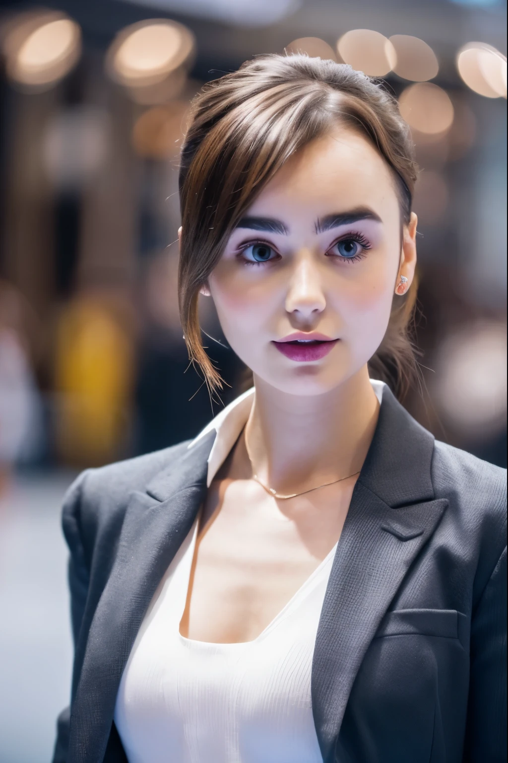 Lily Collins，18 years old，Realistic photography，fashion show，Professional clothing design，Sexy body，Women&#39;s shirts，Navel exposed，Casual pants with multiple buttons，zipper，Broken diamonds，Complex workmanship，Novel style，icon，company logo，Fashion，future technology，Parisian Fashion，Magnificent buildings，future