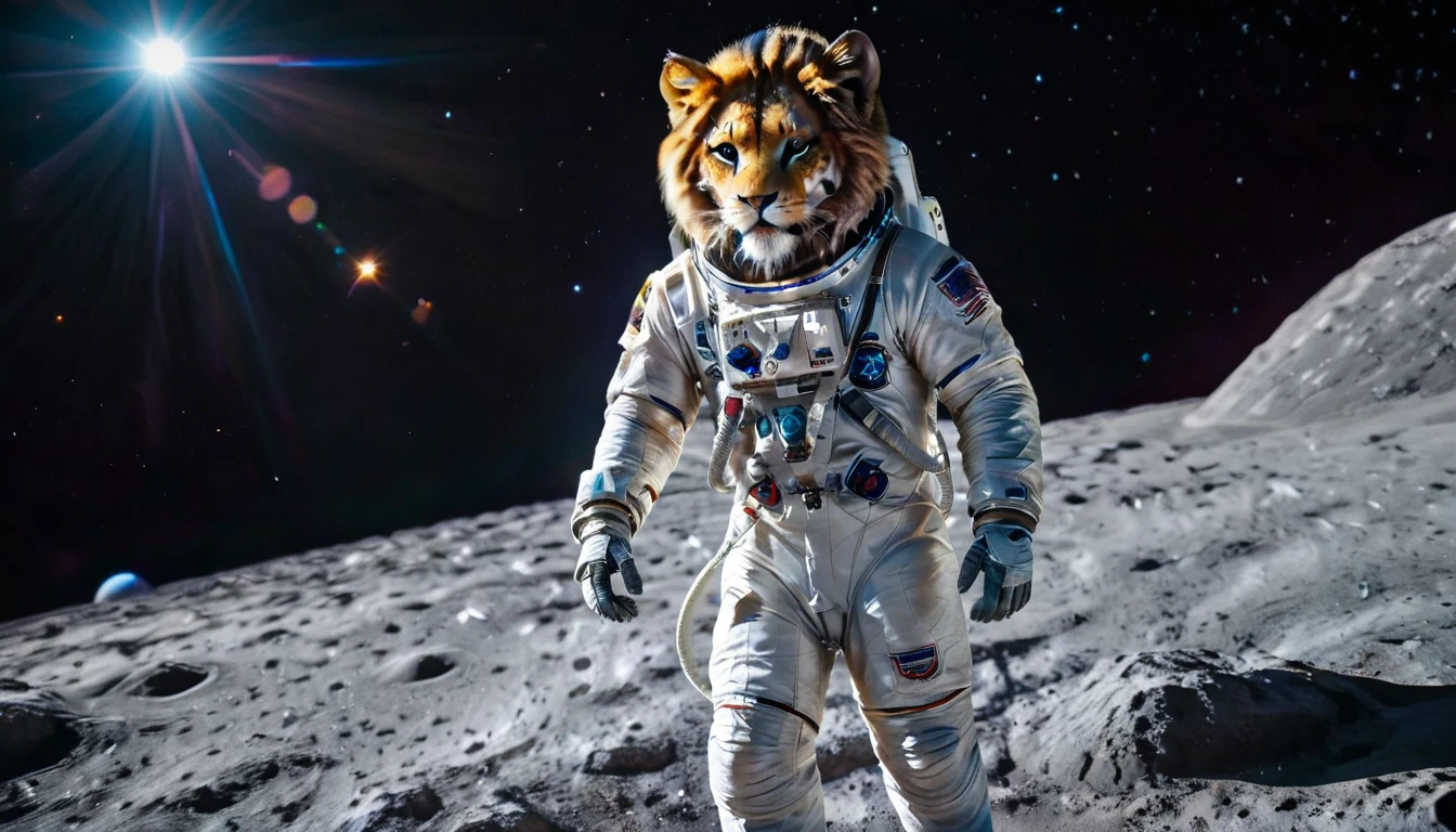 Arafed a picture of a anthomorph lion astronaut he stands on the moon (roaring: 1.3), open maw, mouth opened sense awe, sense of might, king of space, to space, an epic (anthomorph lion: 1.3), Ultra detailed head, open maw, best detailed head(wearing astronaut suit: 1.5), feline eyes, dynamic colors eyes, roaring as he stands on the moon roaring to space, the vastness of space above the king of space, many stars above him, vibrant, Ultra-high resolution, High Contrast, masterpiece:1.2, highest quality, Best aesthetics), best details, best quality, highres, ultra wide angle, 16k, [ultra detailed], masterpiece, best quality, (extremely detailed), Intense Gaze, Cinematic Hollywood Film, furry