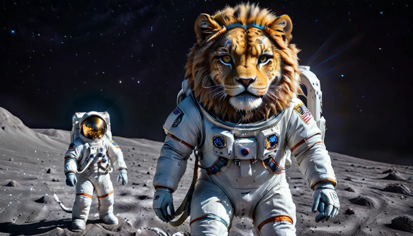 Arafed a picture of a anthomorph lion astronaut he stands on the moon (roaring: 1.3), open maw, mouth opened sense awe, sense of might, king of space, to space, an epic (anthomorph lion: 1.3), Ultra detailed head, open maw, best detailed head(wearing astronaut suit: 1.5), feline eyes, dynamic colors eyes, roaring as he stands on the moon roaring to space, the vastness of space above the king of space, many stars above him, vibrant, Ultra-high resolution, High Contrast, masterpiece:1.2, highest quality, Best aesthetics), best details, best quality, highres, ultra wide angle, 16k, [ultra detailed], masterpiece, best quality, (extremely detailed), Intense Gaze, Cinematic Hollywood Film, furry
