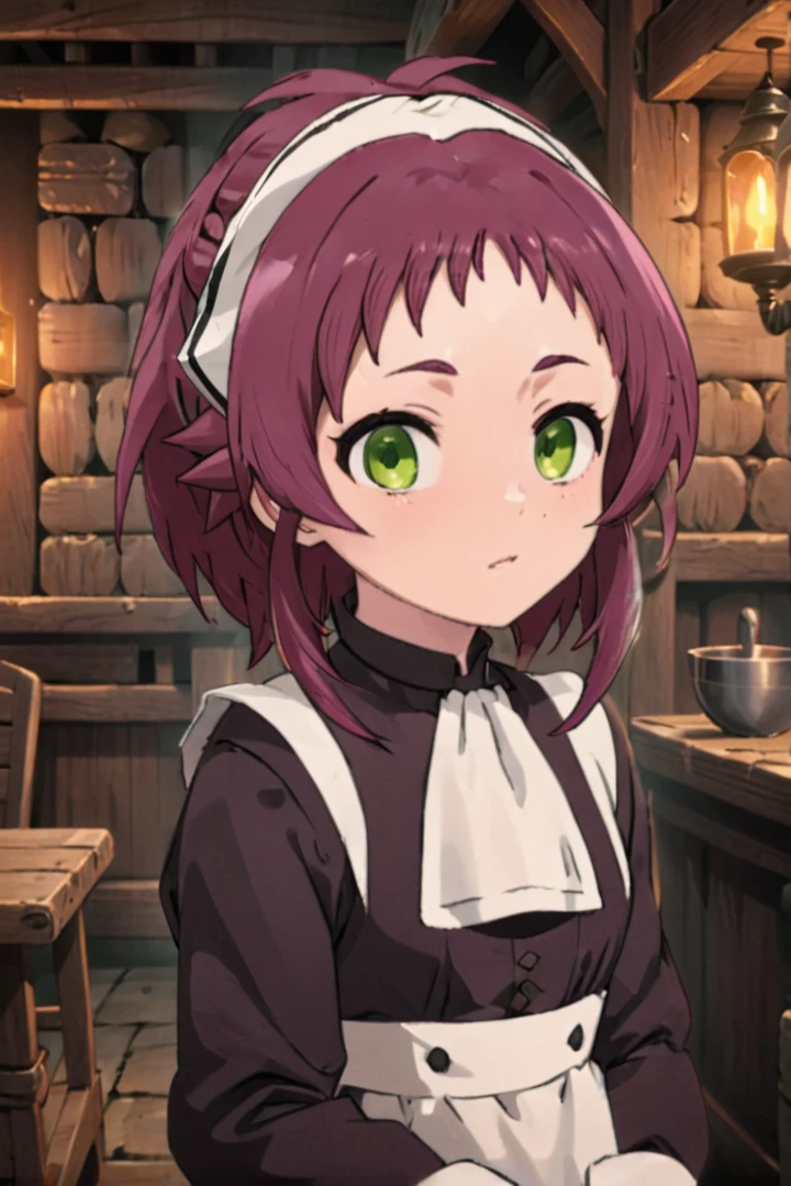 1 8-year-old girl, (Aisha Greyrat), Standing in a medieval tavern and looking at the viewer,  Her face is fine and smooth, Her eyes are super small, masterpiece,
Long sleeve, dress, Green Eyes, Redhead, hair band, apron, Maid, white hair band, 
Soft lighting and detailed environments、Create immersive environments that inspire your imagination。,
Draw in the style of Mushoku Tensei,
Ultra-detailed, High-quality visuals, Dim lighting, Sharply focused, Octane Rendering, 8K Ultra HD、（（naked、Nipples））