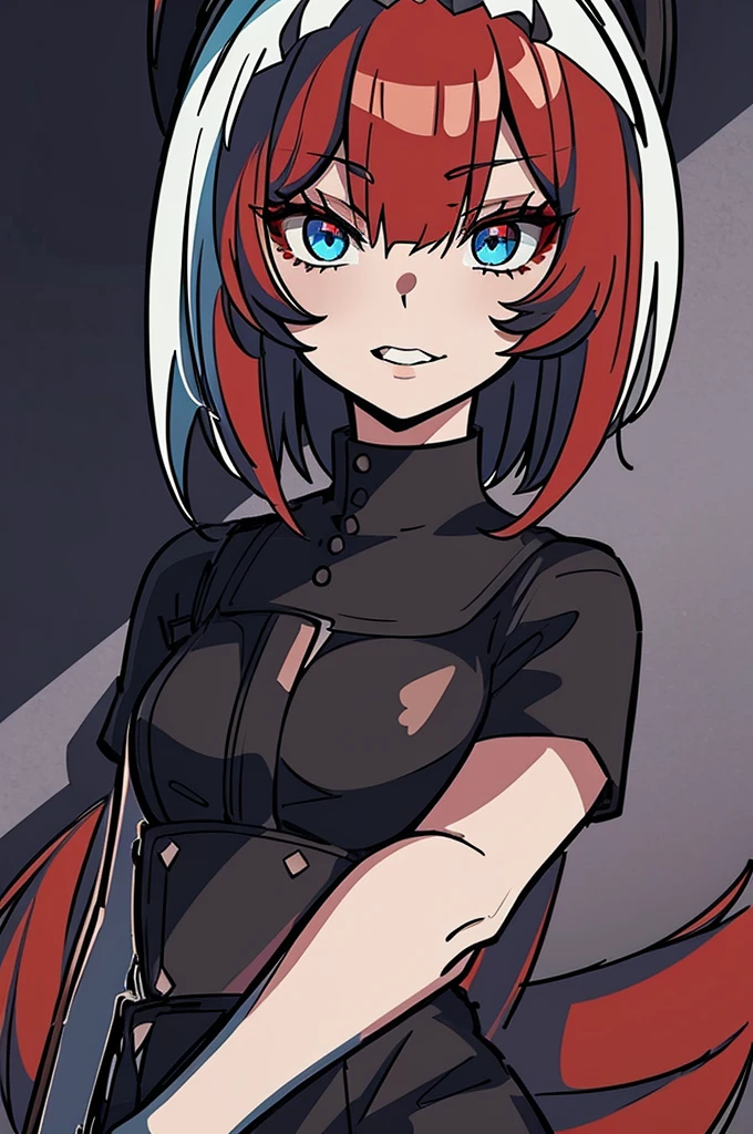 a beautiful girl with red hair wearing a black dress, detailed facial features, bob haircut, full body illustration, woman wearing a long black and red coat, solo character, white background, anime style, highly detailed, photorealistic, 8k, best quality, masterpiece, blue eyes, short hair