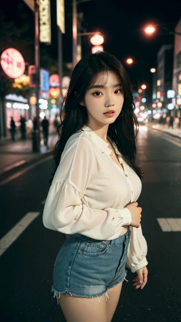 (best quality,16K,high resolution,masterpiece:1.2),Extremely detailed,(Practical,Reality,Photo-realistic:1.37),Korean fashion beauty,Japanese and Korean beauties,Cute and innocent,Detailed eyes and face,Beautiful and delicate lips,White Teeth,Long eyelashes,Slimming,fashionable in dressing,shorts skirt,Plump upper circumference,Large Breasts,cleveage,(charming的,charming:1.1),Colorful street background,Fashion Clothing and Accessories,The fabric of the clothes is smooth,Portrait Style Photography,Bright colors,Street Lights.