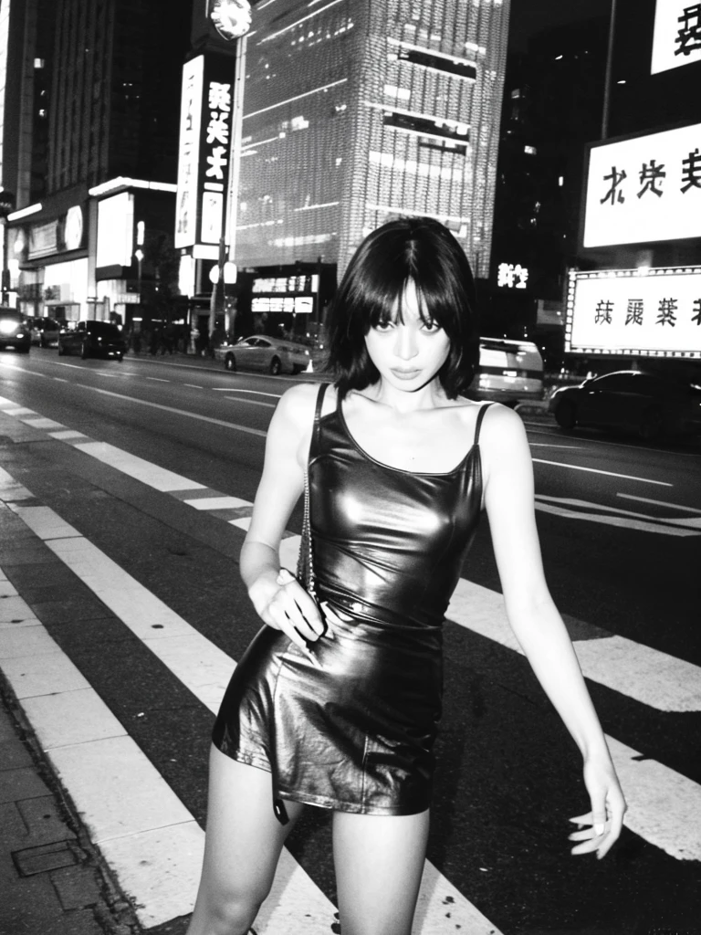 A Chinese prostitute stands on the side of a road, wearing a low-cut tank top with half full breasts exposed, and a low-waisted leather jacket over it. She wore only a short leather skirt, bare thighs and calves, and a pair of high-waisted leather boots on her bare feet. There were a few street girls standing along the road, and they were all scantily dressed to show as much femininity as possible.