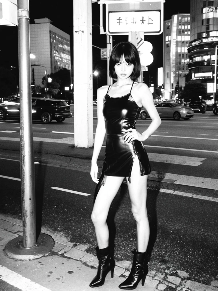 A Chinese prostitute stands on the side of a road, wearing a low-cut tank top with half full breasts exposed, and a low-waisted leather jacket over it. She wore only a short leather skirt, bare thighs and calves, and a pair of high-waisted leather boots on her bare feet. There were a few street girls standing along the road, and they were all scantily dressed to show as much femininity as possible.