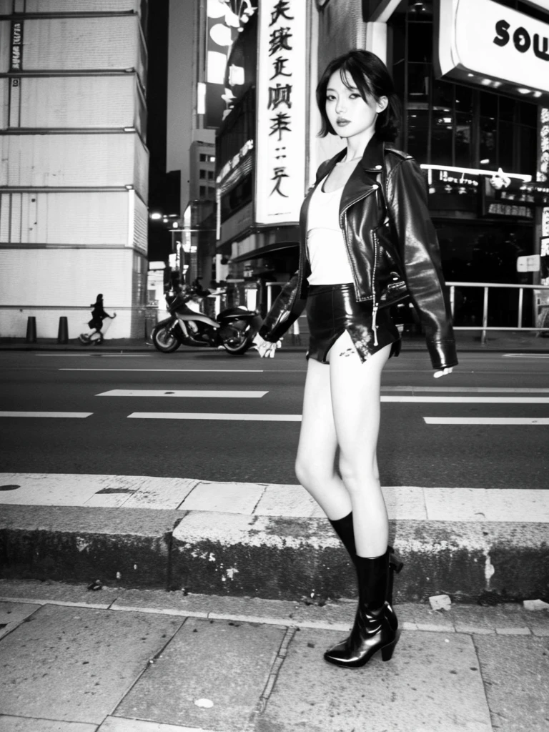 A Chinese prostitute stands on the side of a road, wearing a low-cut tank top with half full breasts exposed, and a low-waisted leather jacket over it. She wore only a short leather skirt, bare thighs and calves, and a pair of high-waisted leather boots on her bare feet. There were a few street girls standing along the road, and they were all scantily dressed to show as much femininity as possible.