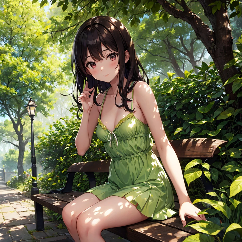 NSFW, sexy, erotic, A highly detailed and realistic anime-style illustration of a girl in a swimsuit under lush summer trees, seen from a low angle looking up, with shoulder-length dark brown hair with slight waves, adorned with small flowers, bright eyes tinged with red reflecting a gentle smile, in a dynamic pose expressing the heat of summer, surrounded by sunlight filtering through leaves and branches, vibrant summer trees, streetlamps, benches, many flowers and greenery casting rich shadows, with strong contrast between light and shadow, vibrant summer atmosphere, sparkling light effects, vibrant and fantastical shadows, high detail and resolution, deep rich depth, delicate and gentle touch, capturing the essence of early summer.