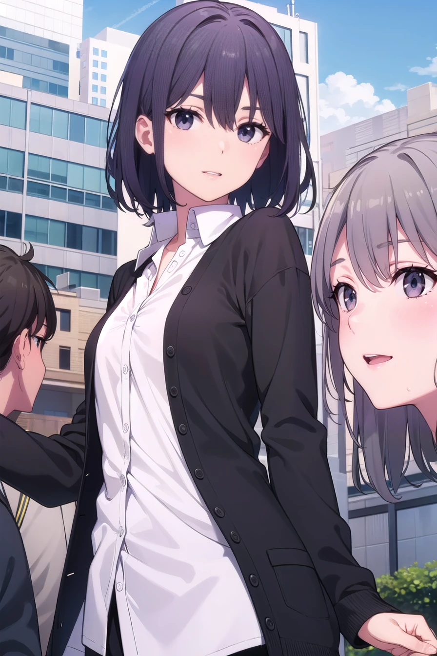 1girl, harunoyukinoshita, haruno yukinoshita, short hair, hair between eyes, (black eyes:1.5), black hair, gradient hair, two-tone hair, purple hair, smile,
BREAK shirt, white shirt, collared shirt, cardigan, black cardigan,
BREAK outdoors, city, sky, sun, people, crowd, buildings, clouds,
BREAK looking at viewer,
BREAK (masterpiece:1.2), best quality, high resolution, unity 8k wallpaper, (illustration:0.8), (beautiful detailed eyes:1.6), extremely detailed face, perfect lighting, extremely detailed CG, (perfect hands, perfect anatomy),Wearing a dog collar, Naughty tattoo on the belly 